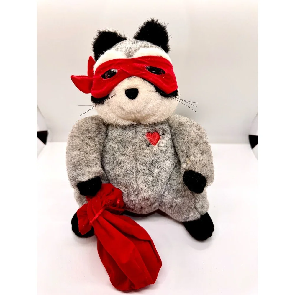 Vintage Hallmark Bandit Raccoon Plush Red Mask Heart Bag Grey Stuffed Animal 9